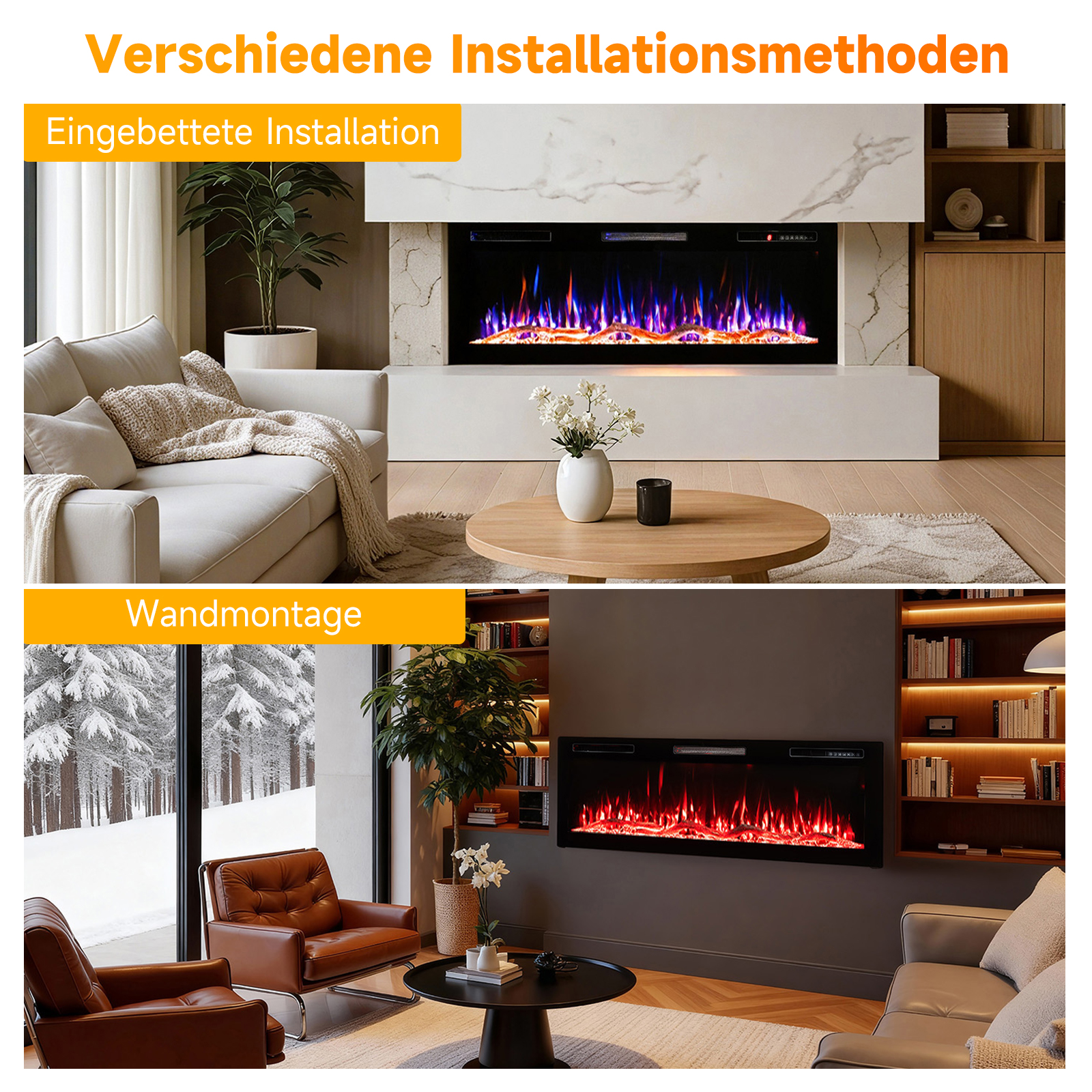 Zwei Kamine: einer eingebaut mit blauen Flammen, der andere an der Wand montiert mit roten Flammen, mit unterschiedlichen Innenräumen.