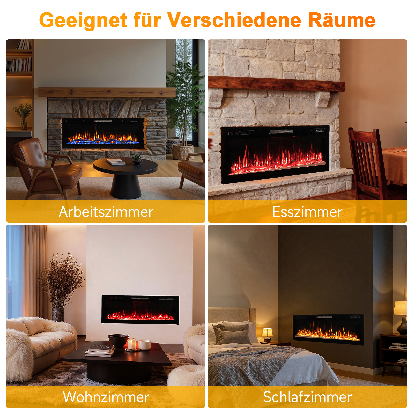 Das Bild zeigt Kamine in vier verschiedenen Räumen: Büro, Esszimmer, Wohnzimmer und Schlafzimmer, jeweils mit einem anderen Feuereffekt.
