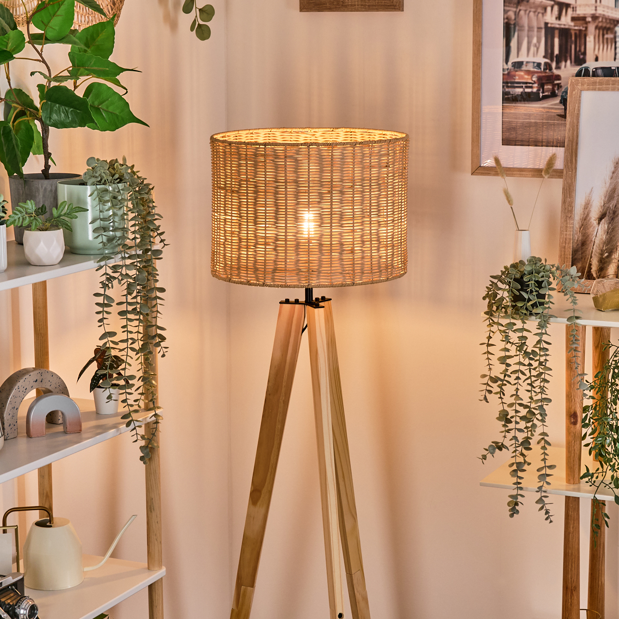 Eine gewebte Lampe mit Holzbeinen steht in einer Ecke. Regale mit Pflanzen, Gießkanne und Bildern sind ebenfalls in der Ecke.