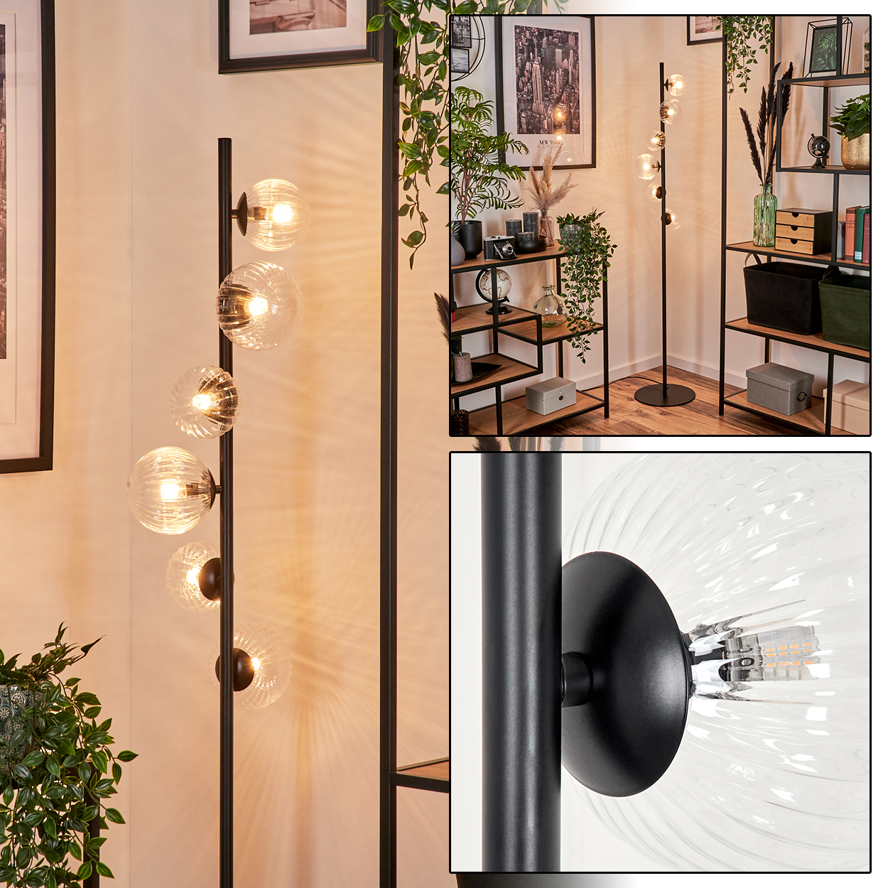 Moderne Stehlampe mit fünf Glaskugeln. Regale mit Deko und Pflanzen im Hintergrund. Schwarzer Rahmen.