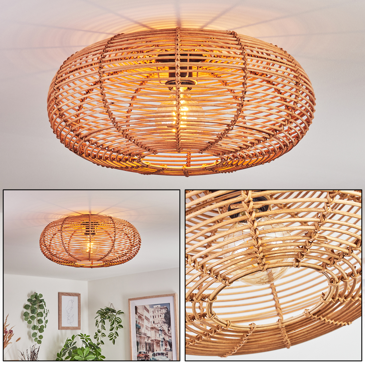 Eine geflochtene Pendelleuchte aus Rattan hängt von der Decke. Die Lampe hat eine Glühbirne in der Mitte. Der Hintergrund ist eine weiße Decke.