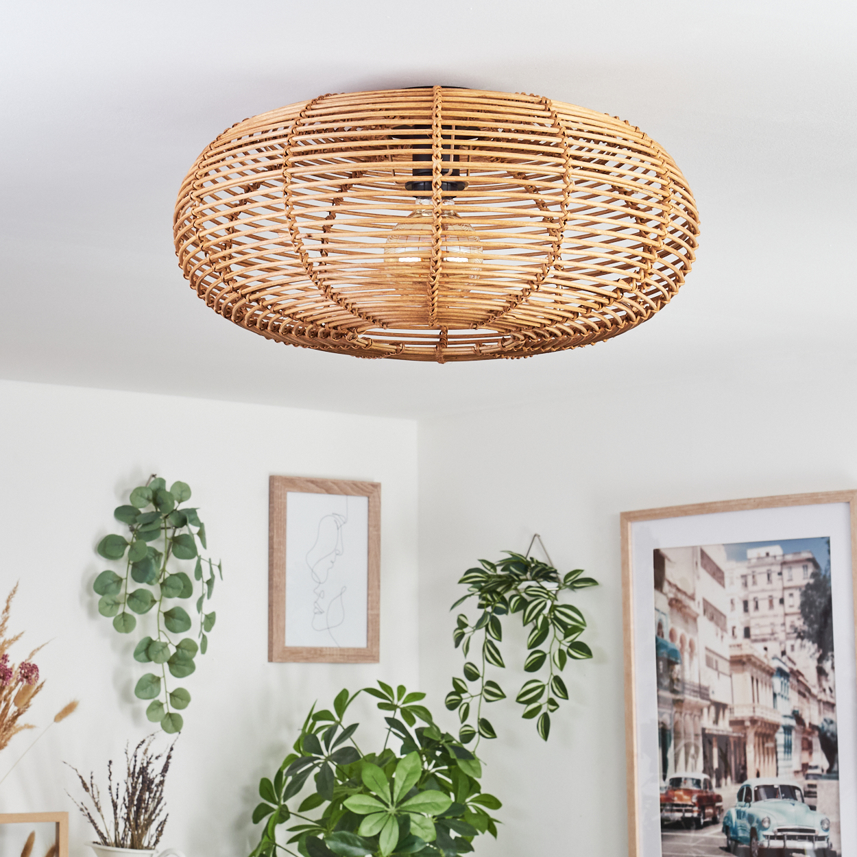 Eine gewebte Deckenlampe aus Rattan hängt über einem Raum mit Pflanzen und gerahmten Bildern. Die Lampe hat eine Glühbirne.