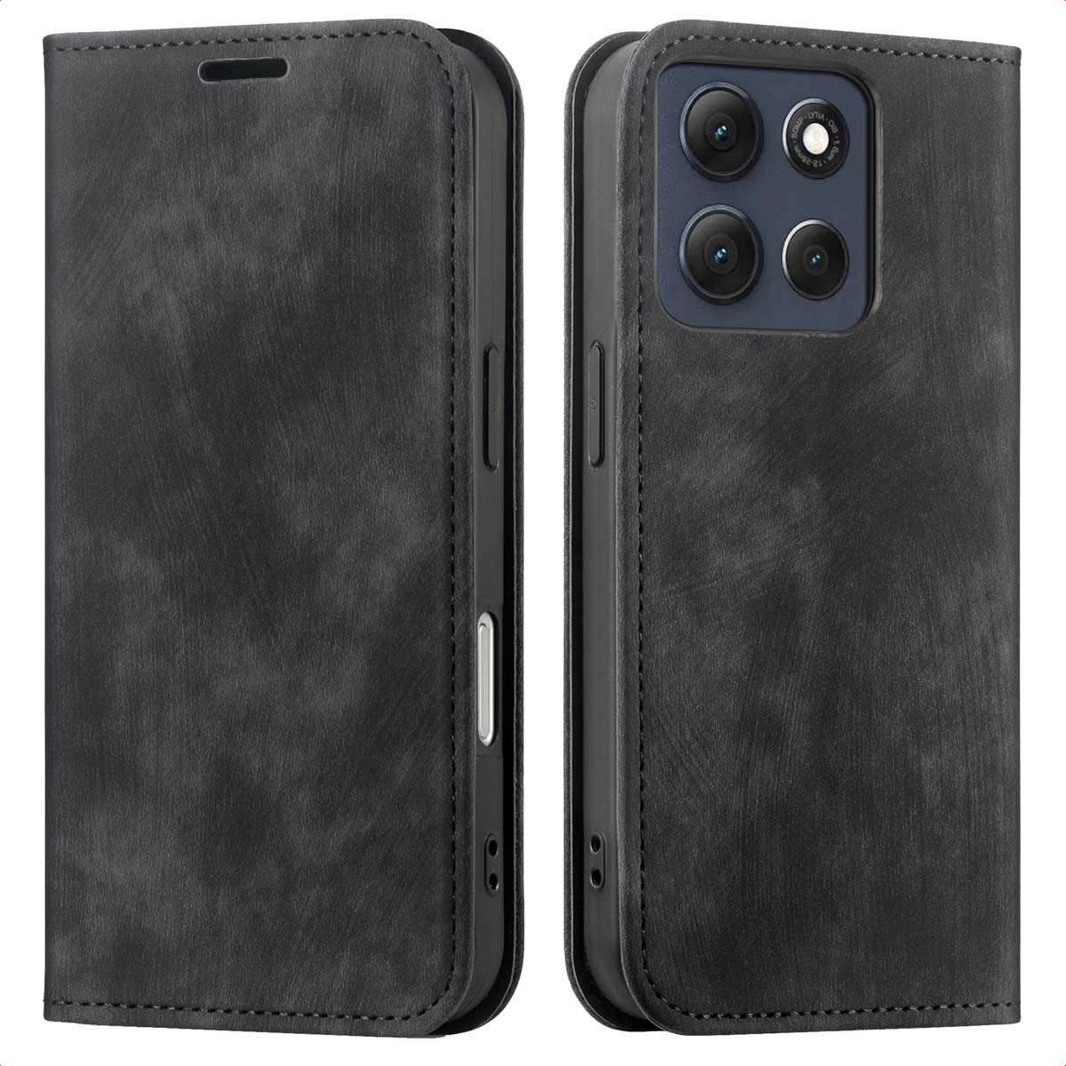 Étui de téléphone en cuir noir, ouvert à droite. Montre les lentilles de la caméra et une surface texturée. Coutures sur les bords.