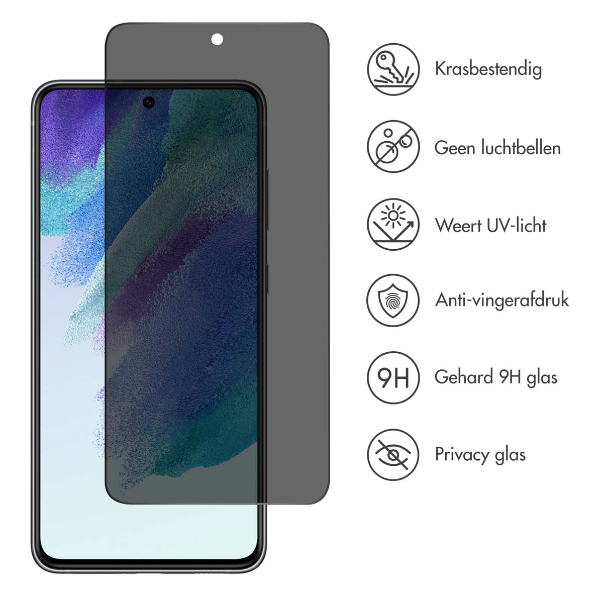 Un telefono con protezione schermo. Le icone indicano resistenza ai graffi, assenza di bolle, protezione UV, resistenza alle impronte e privacy.