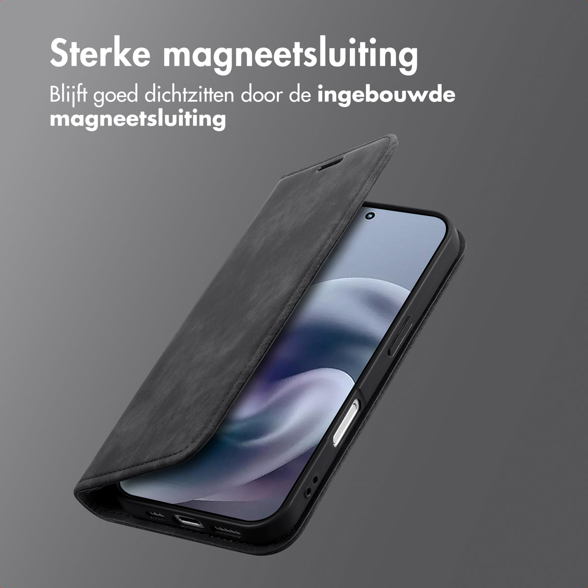 Un téléphone dans un étui noir avec le couvercle ouvert. Le texte dit : 'Fermeture magnétique forte'.