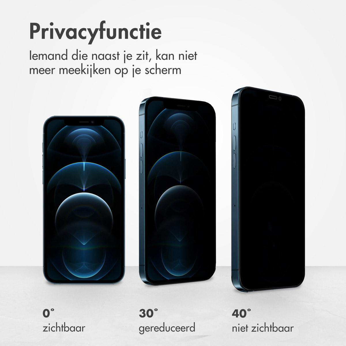 Trois smartphones montrent une fonction de confidentialité. À 0 degré, l'écran est visible, à 30 degrés réduit et à 40 degrés non visible.