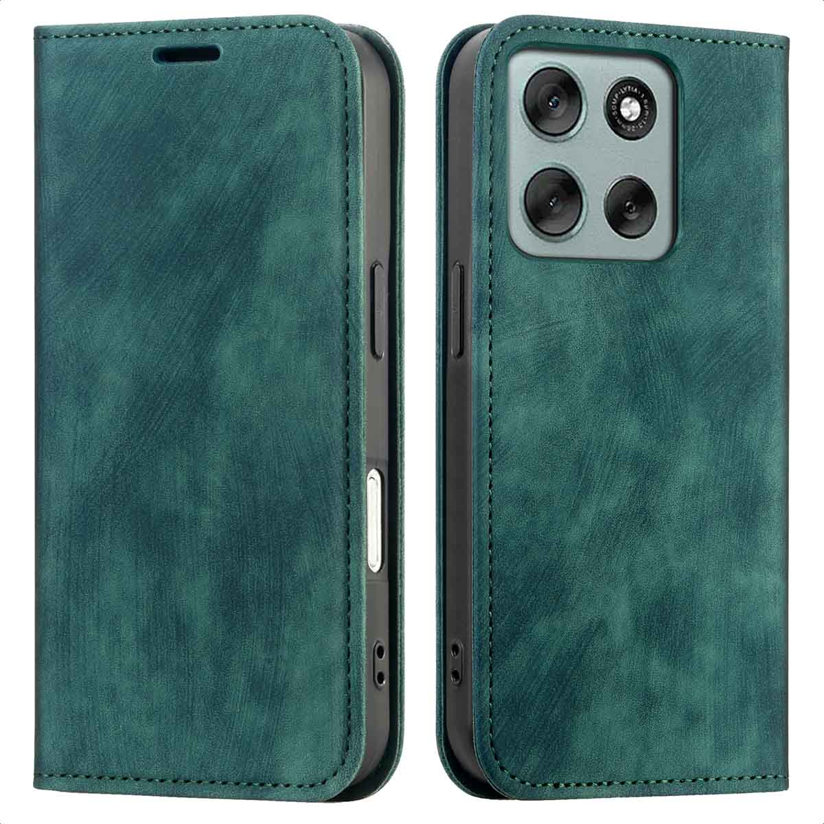 Een teal leren telefoonhoesje, opengeklapt om de achterkant van de telefoon met cameralenzen te onthullen. De hoes heeft een gestructureerd oppervlak en stiksels.