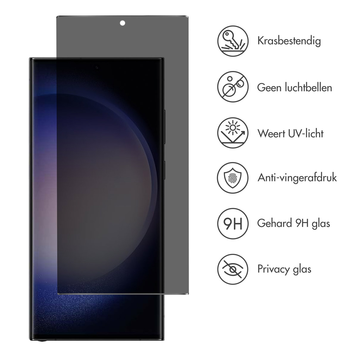 Een smartphone met een schermbeschermer. De beschermer heeft iconen voor krasbestendigheid, geen luchtbellen, UV-bescherming, anti-vingerafdruk en privacy.