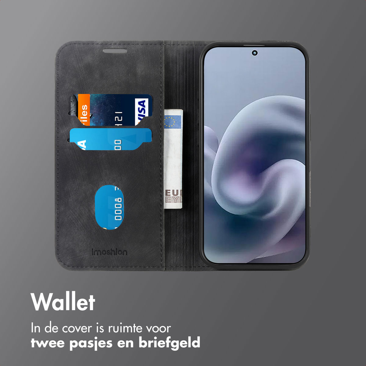 Un portefeuille avec cartes et un billet. Le téléphone affiche une image floue. Fond gris.