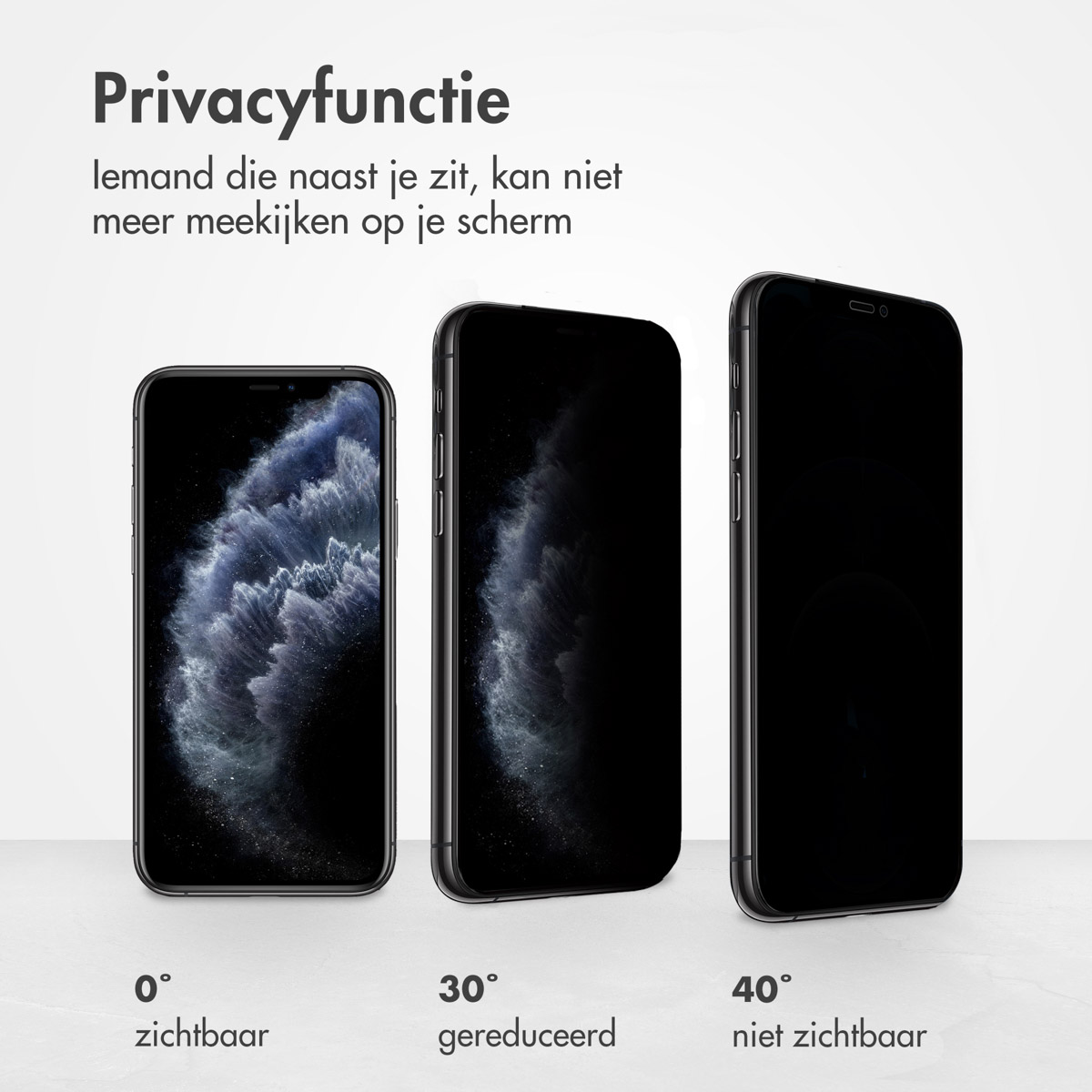 Three smartphones with privacy screen. The first shows a visible screen, the second reduced, and the third is not visible.