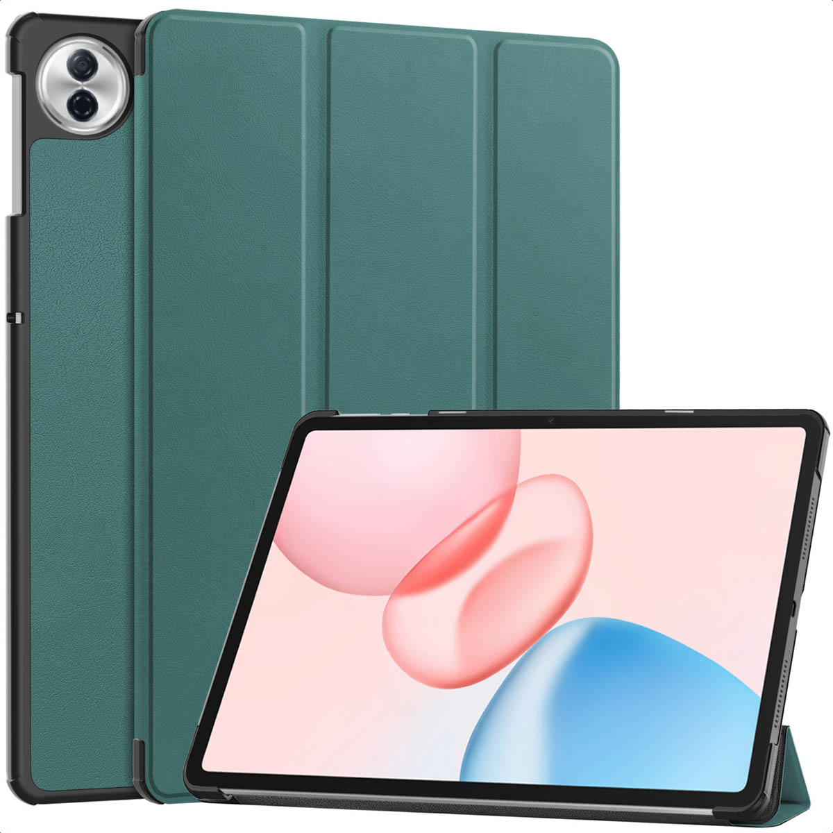 Een tablet met een groene hoes. Het scherm toont roze en blauwe vormen. De hoes is open en toont de tablet rechtop.