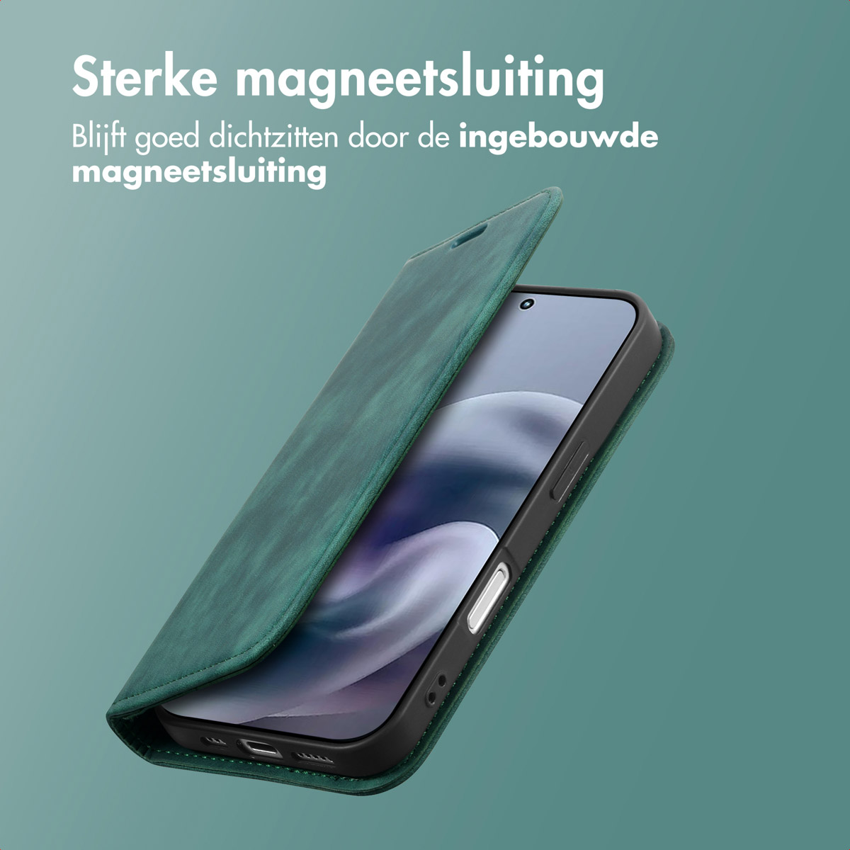 Un téléphone dans un étui vert, l'étui est ouvert. Le texte en haut dit 'Fermeture magnétique forte'.
