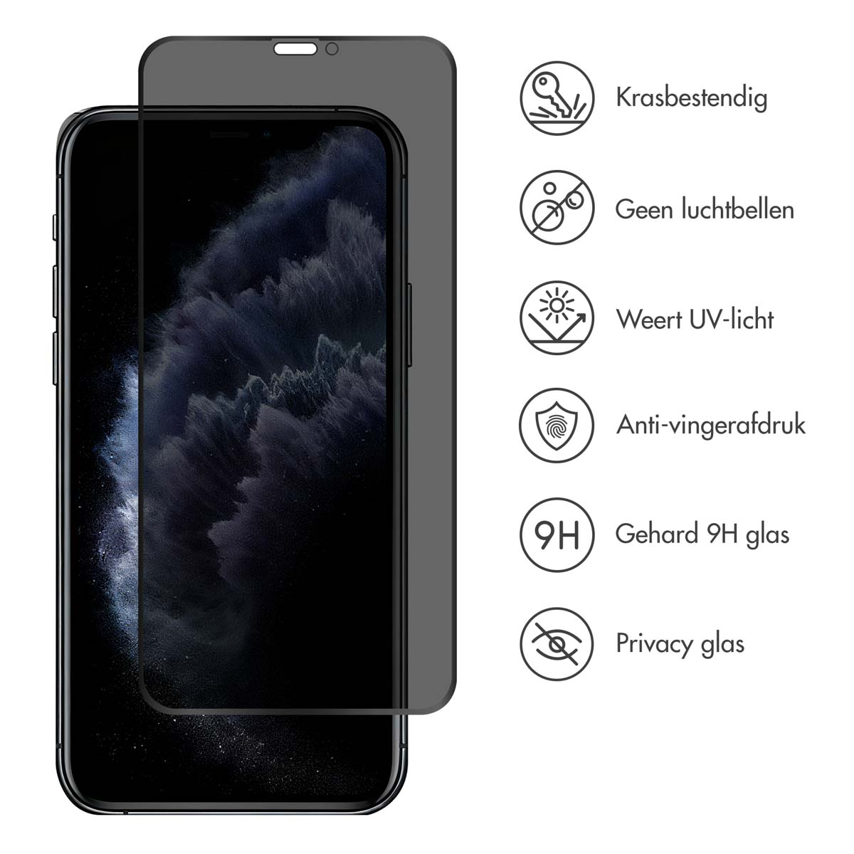 A phone with a screen protector. Icons show features: scratch-resistant, bubble-free, UV protection, fingerprint-proof, 9H glass, privacy.