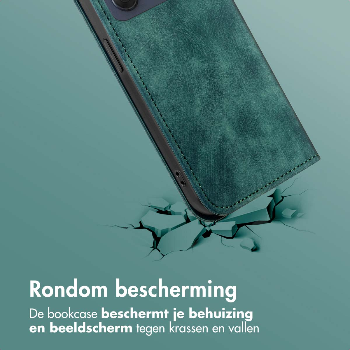 Un étui de téléphone vert tombe, fissurant la surface en dessous. Le texte dit 'Rondom bescherming', promouvant la protection.