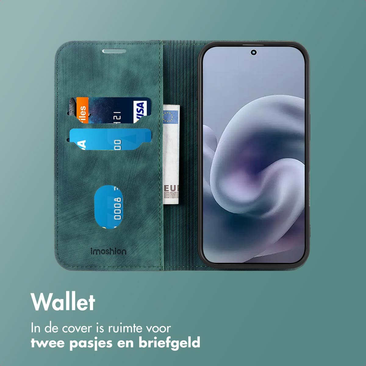 Un portefeuille vert avec un téléphone à l'intérieur. Le portefeuille a des fentes pour cartes avec des cartes de crédit et un billet.