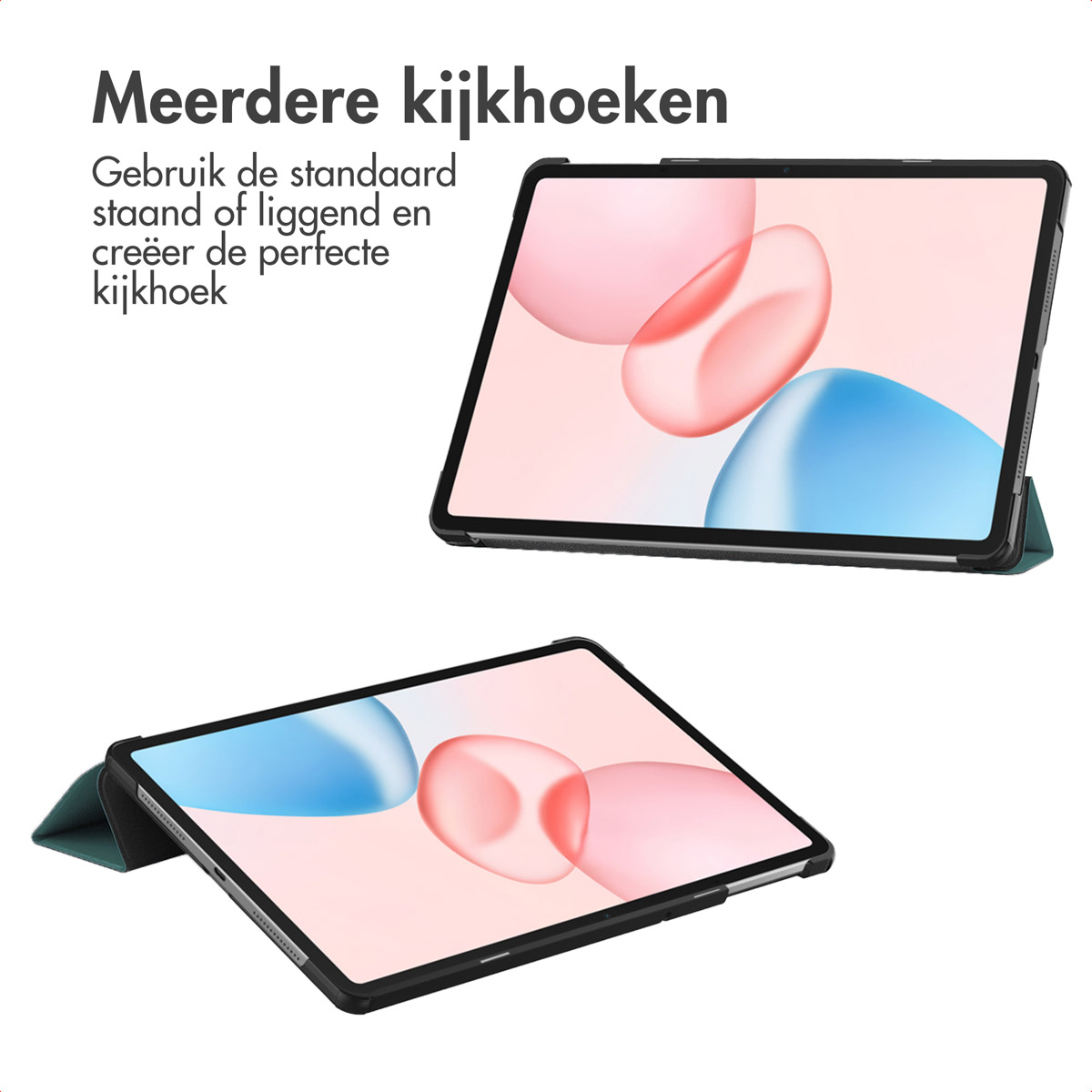 Twee tablets met zwarte frames en kleurrijke schermen. De bovenste is omhoog gezet, de onderste ligt plat, beide op een witte achtergrond.