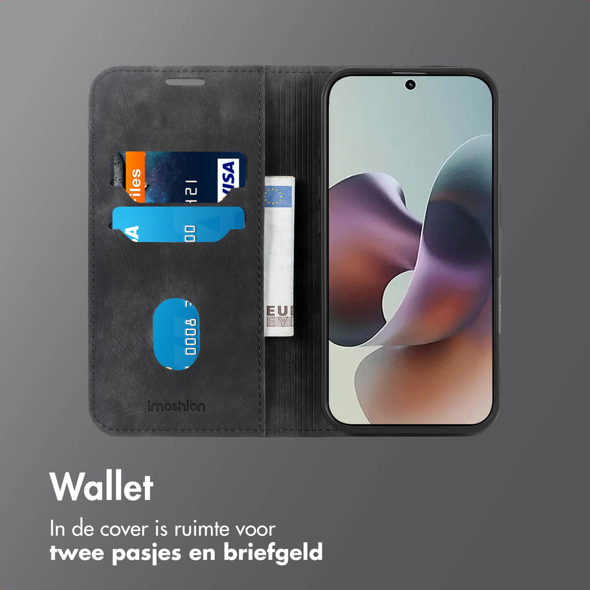 Een telefoonhoesportemonnee met een telefoon, kaarten en geld. De portemonnee is zwart en het telefoonscherm toont een ontwerp.
