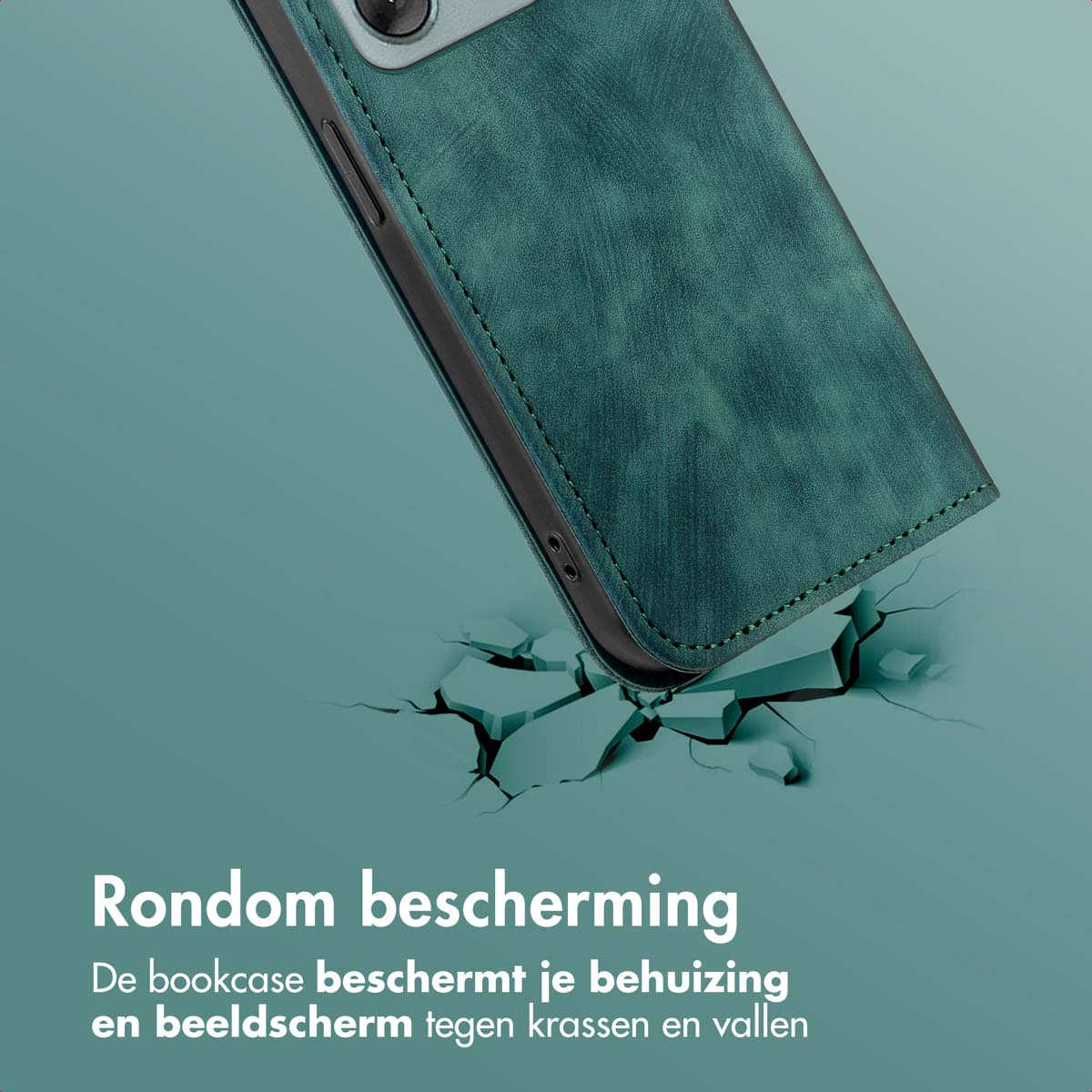 Een teal telefoonhoes rust op een oppervlak met een gebarsten effect. Tekst eronder luidt 'Rondom bescherming'.