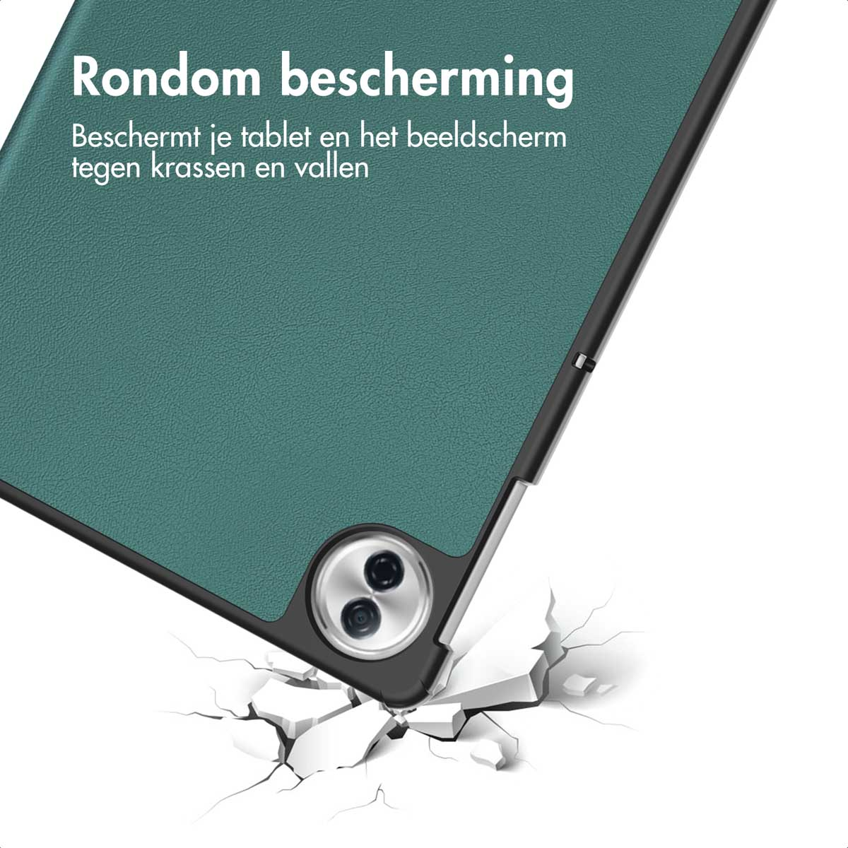 Groene tablethoes, die beschermt tegen vallen. De hoes ligt op een oppervlak dat breekt. Tekst: Rondom bescherming.