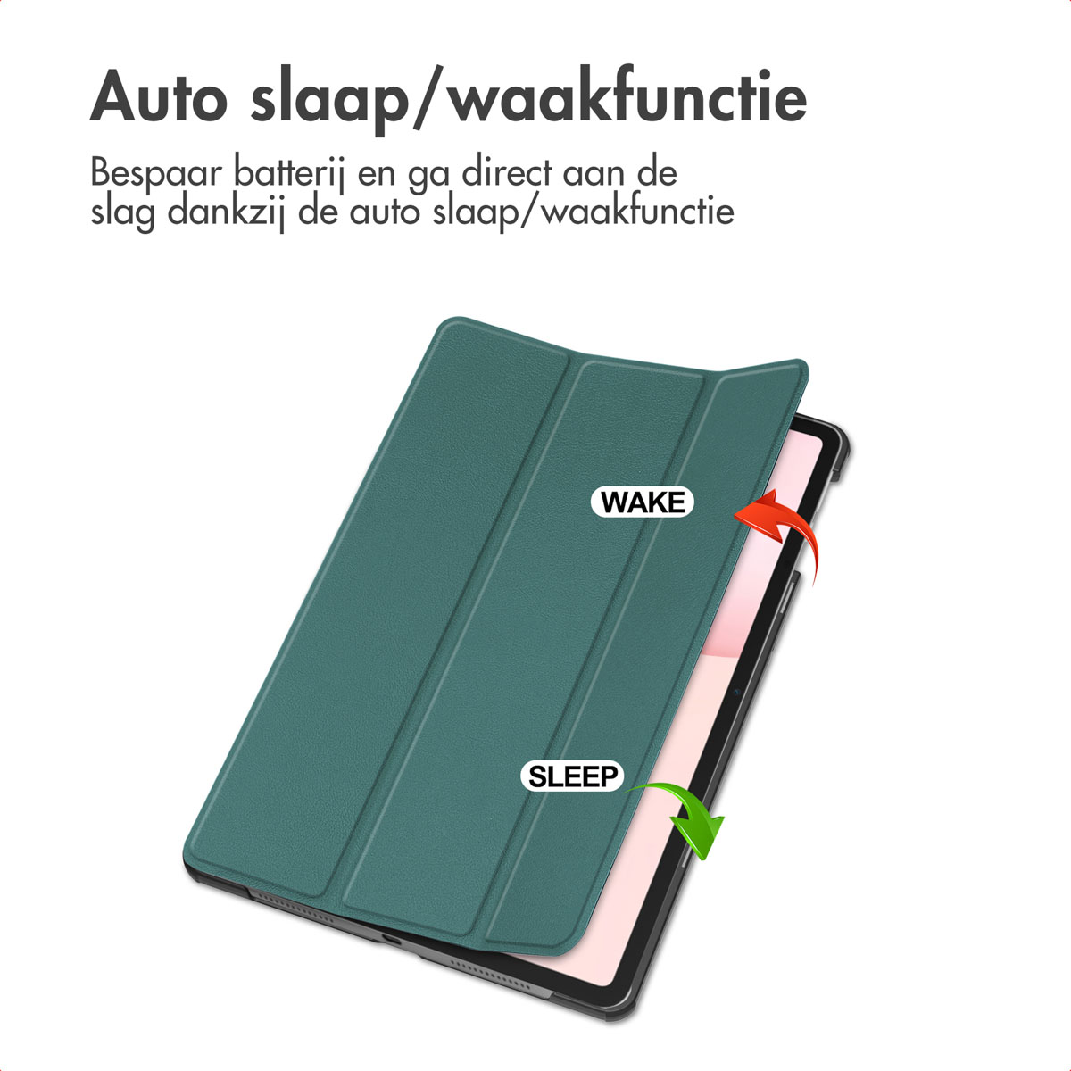 Een tablet in een groene hoes, met labels 'WAKE' en 'SLEEP', en pijlen die de functie auto sleep/wake aangeven.