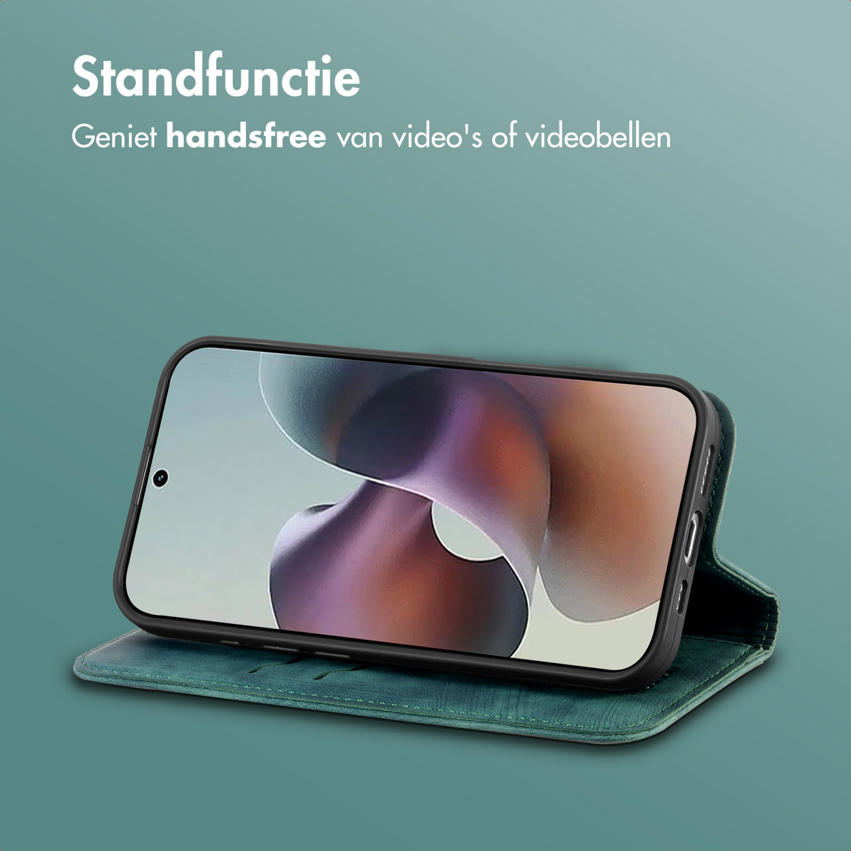 Een smartphone in een hoesje wordt getoond op een groen oppervlak, met tekst erboven. Het telefoonscherm toont een abstracte afbeelding.