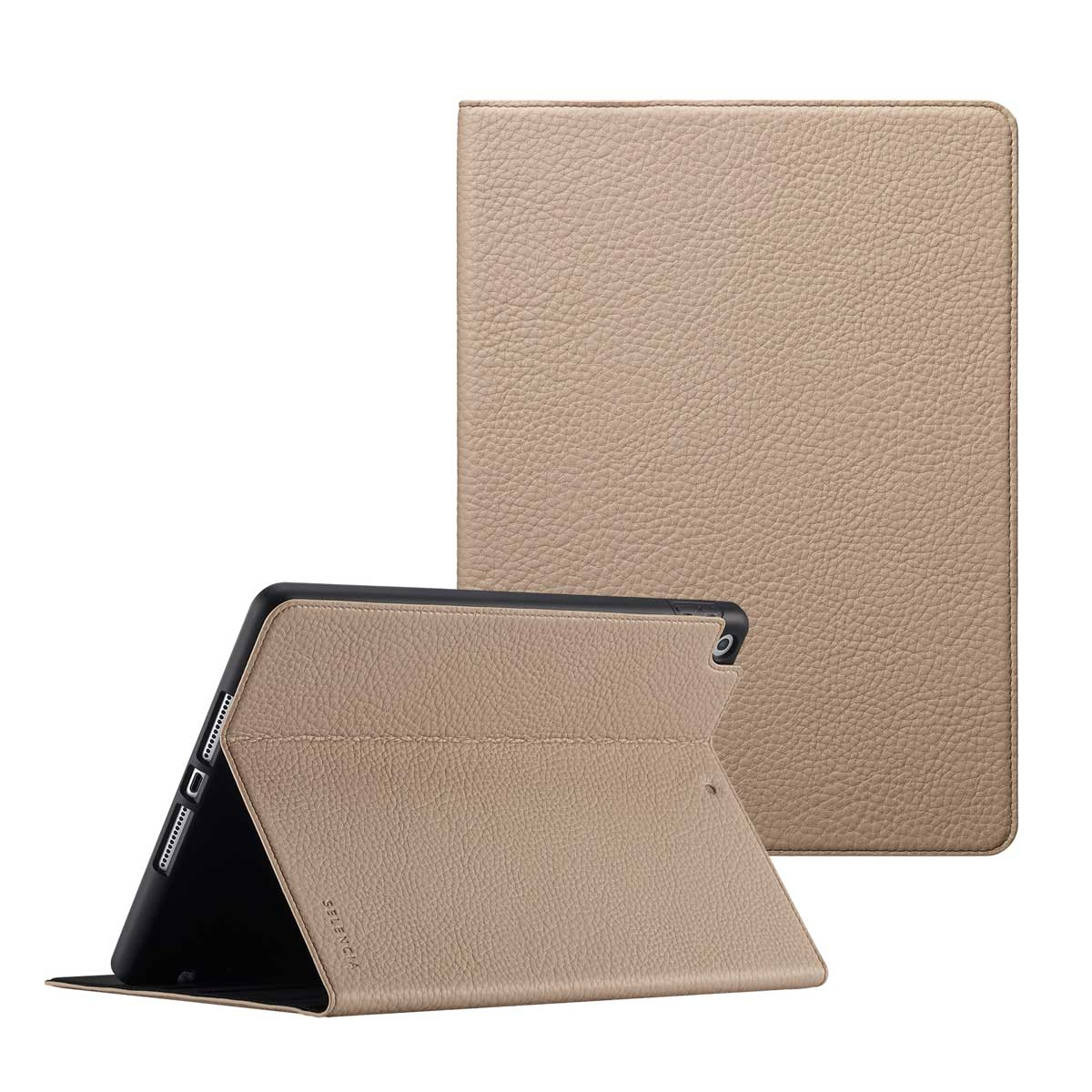 A beige tablet case with a textured surface, open to display a tablet. Another closed case stands behind it.