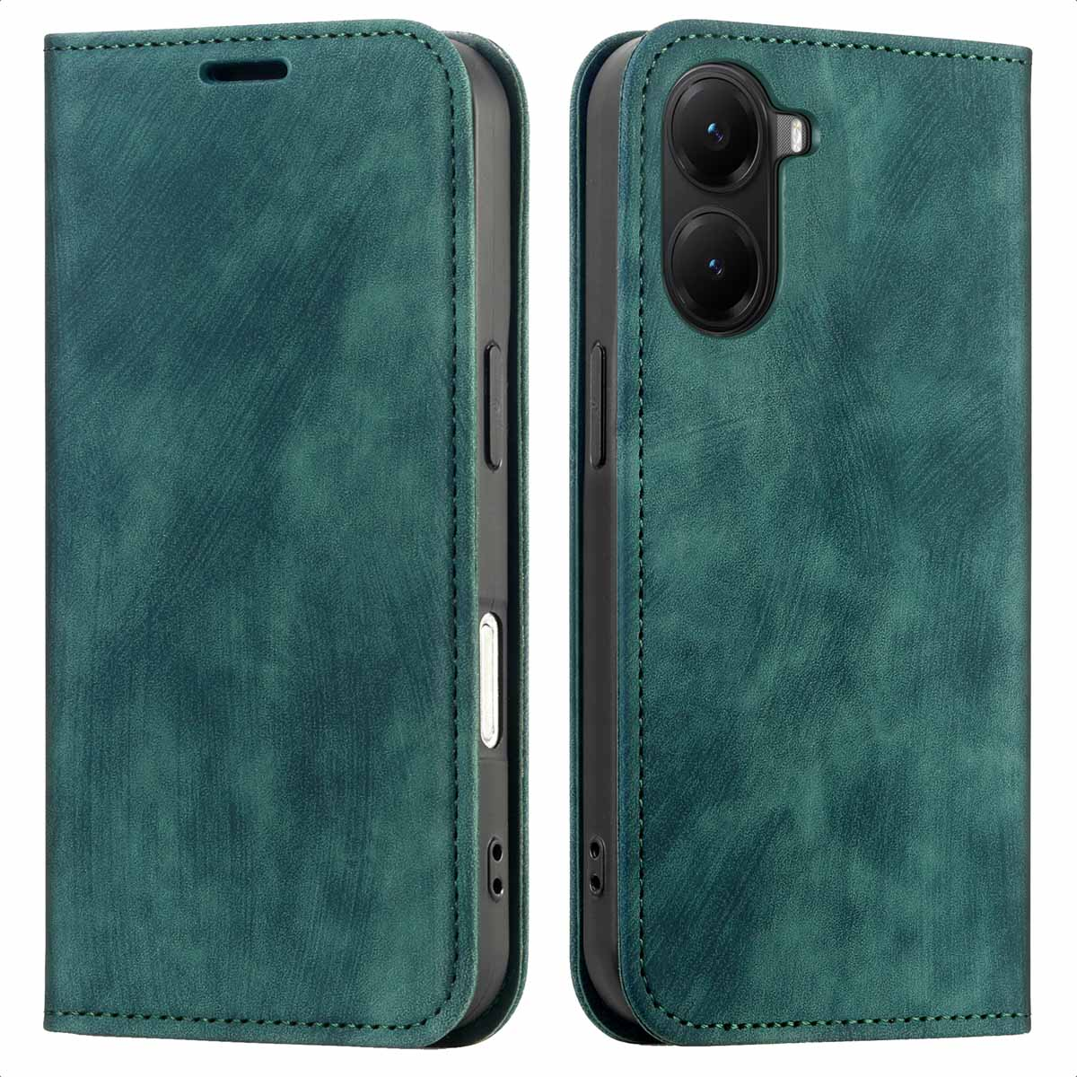 Twee teal leren telefoonhoesjes. Eén gesloten, één open. De open hoes toont een telefoon met twee cameralenzen. Beide hoesjes zijn gestikt.