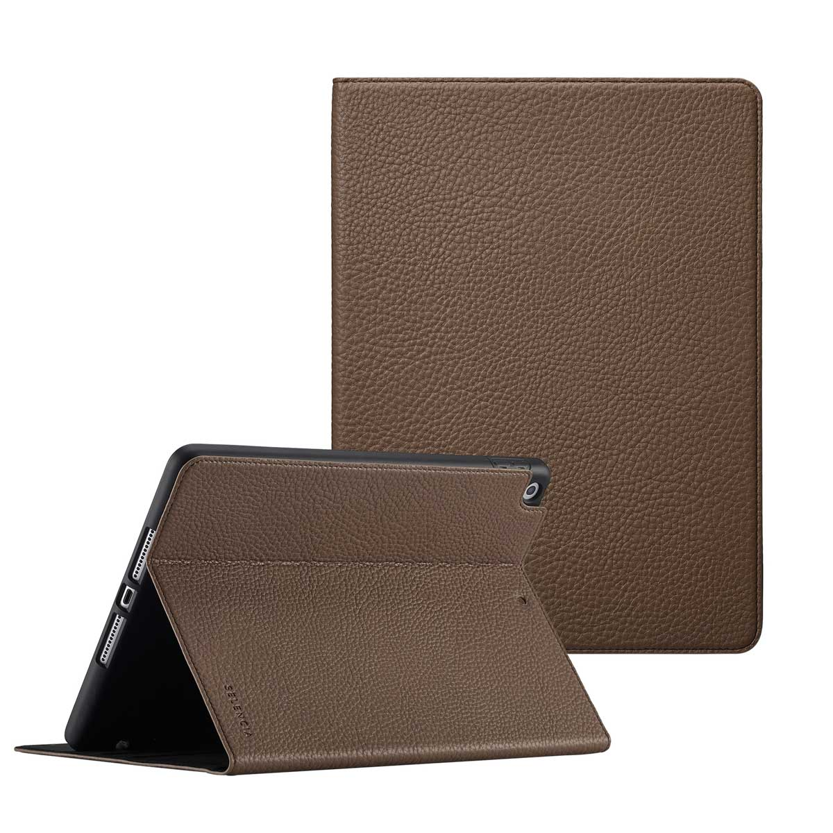 A brown leather tablet case, open to reveal a tablet. The case is textured, showing a close-up of the material's grain.