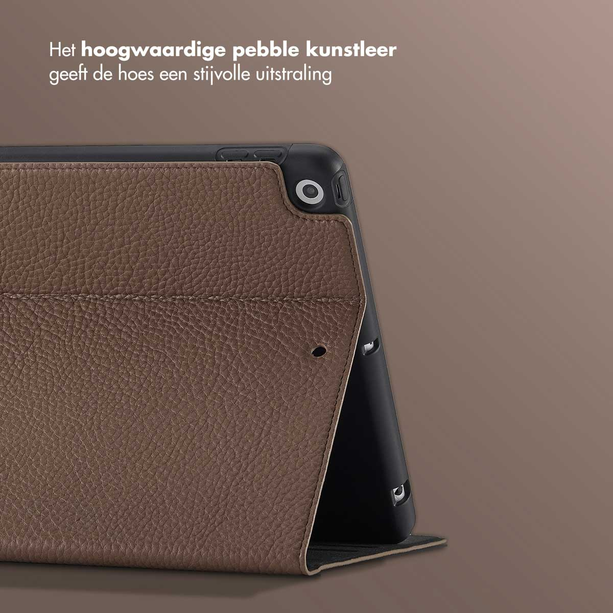 A brown leather tablet case with a textured surface, partially open, revealing a black tablet against a brown background.