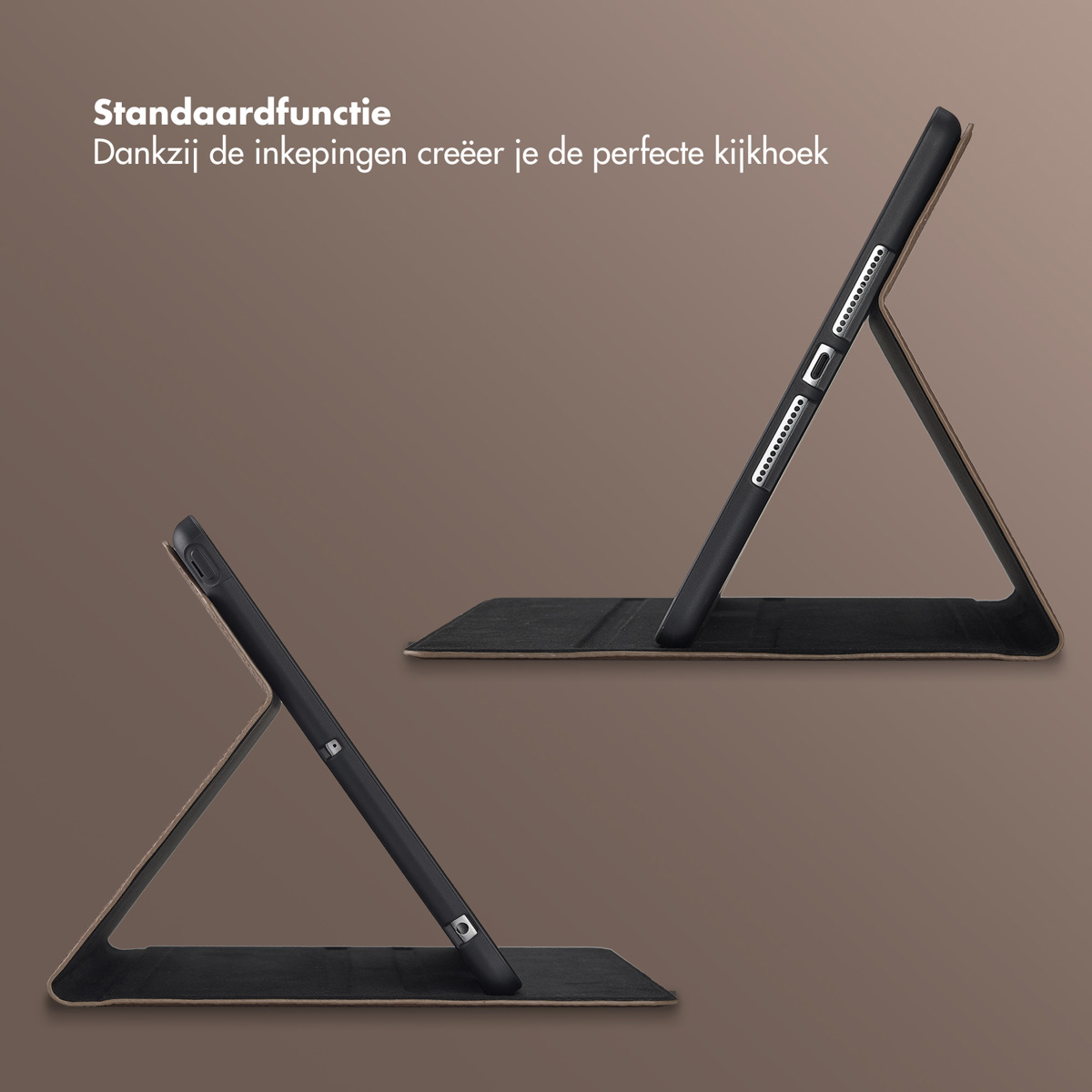 Two black tablet cases are displayed, angled to show their stand functionality. The background is a solid brown color.