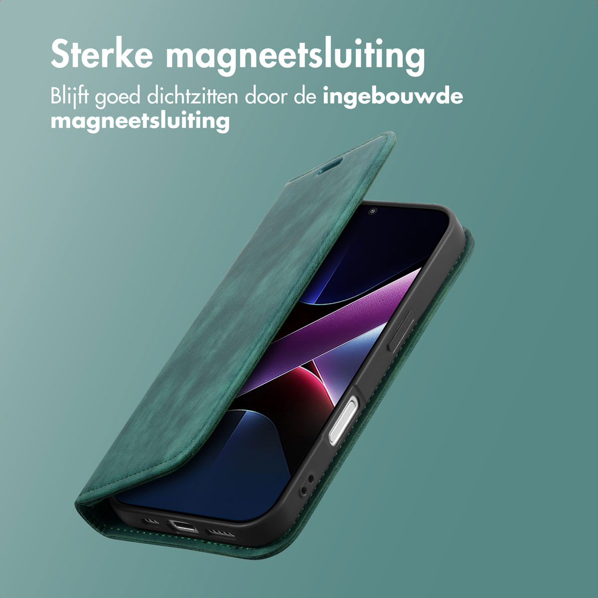 Een groene telefoonhoes gedeeltelijk open, onthult een scherm. Tekst bovenaan: Sterke magnetische sluiting.