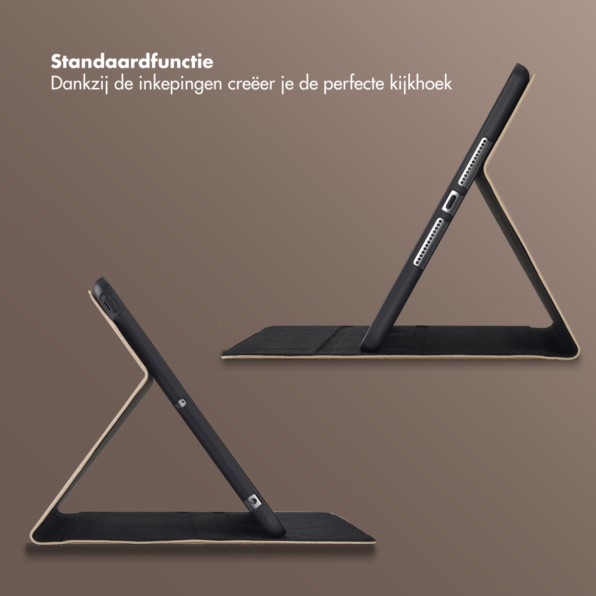 Two black tablet cases are displayed, one in front and one behind. The cases are propped up to form a stand.