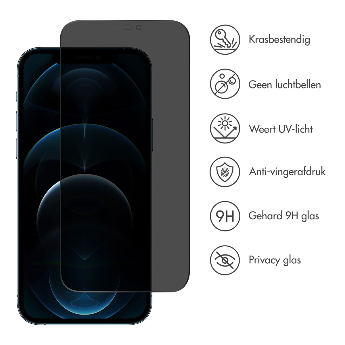 Een smartphone met een schermbeschermer. De beschermer heeft pictogrammen voor krasbestendigheid, geen bellen, UV-bescherming en privacy.