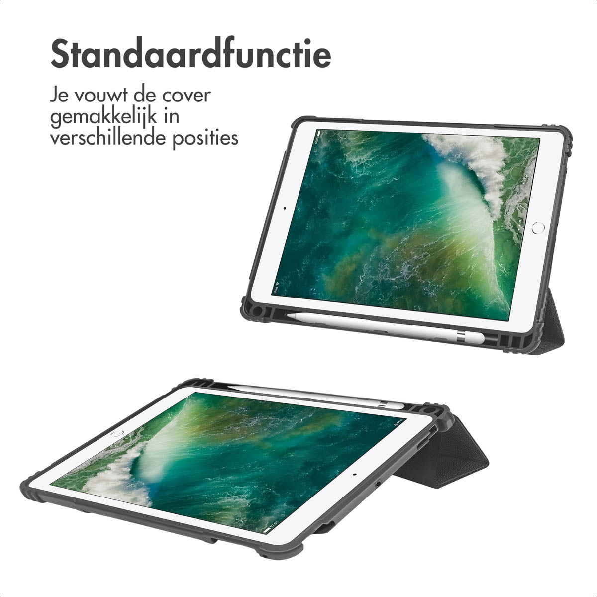 Er worden twee tablets in beschermhoezen getoond. Eén is open en toont een zeeafbeelding. Boven staat de tekst 'Standaardfunctie'.