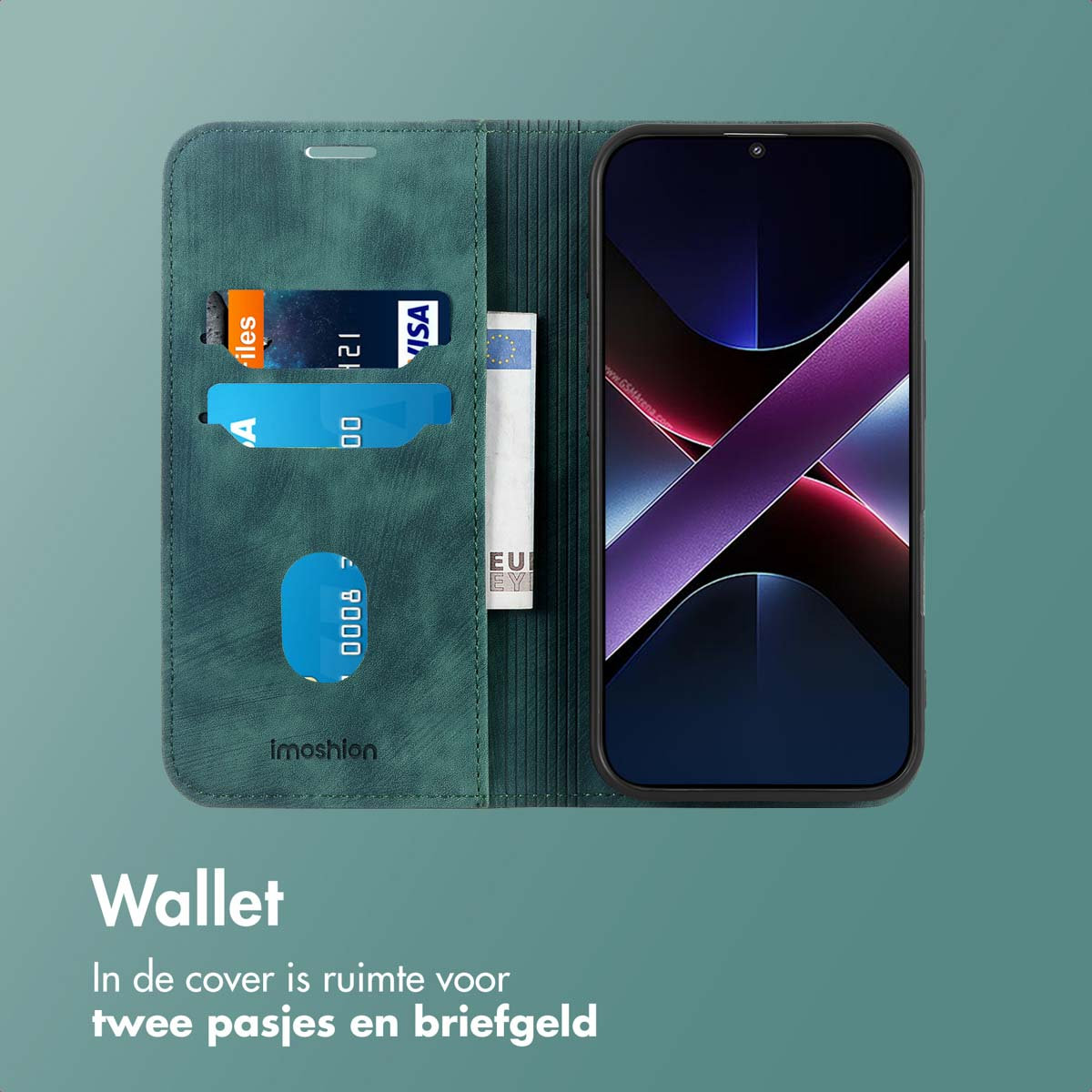 Groene portemonnee met telefoon. Kaarten en geld zichtbaar. Turquoise achtergrond. Tekst: Portemonnee. Ruimte voor twee kaarten en geld.