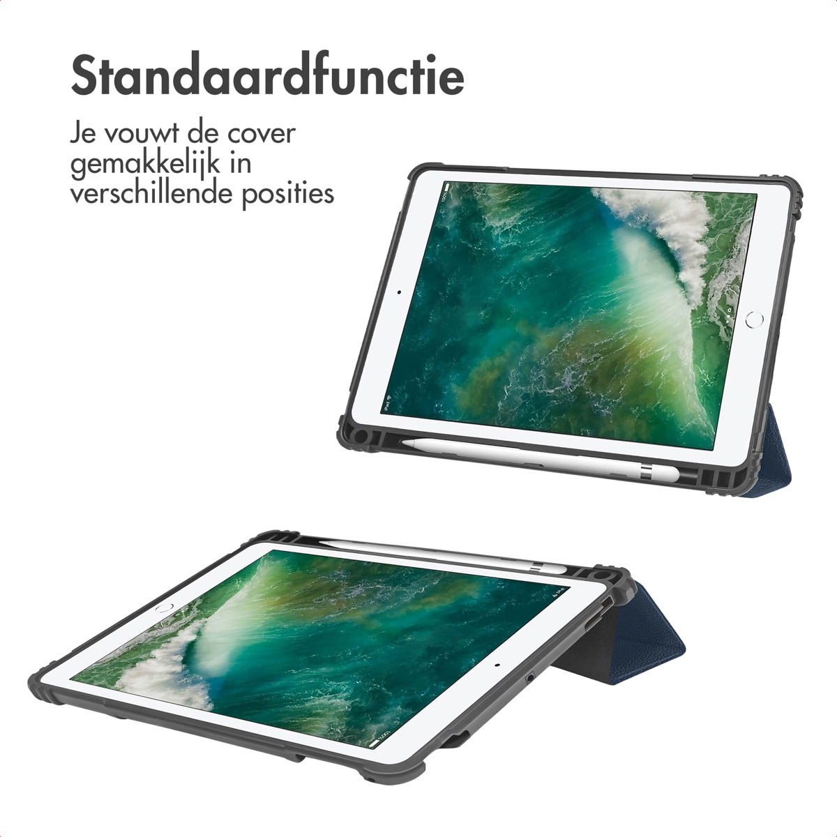 Twee tablets in beschermhoezen. Eén is iets schuin met een stylus. Tekst: Standaardfunctie, U vouwt de hoes gemakkelijk in verschillende posities.