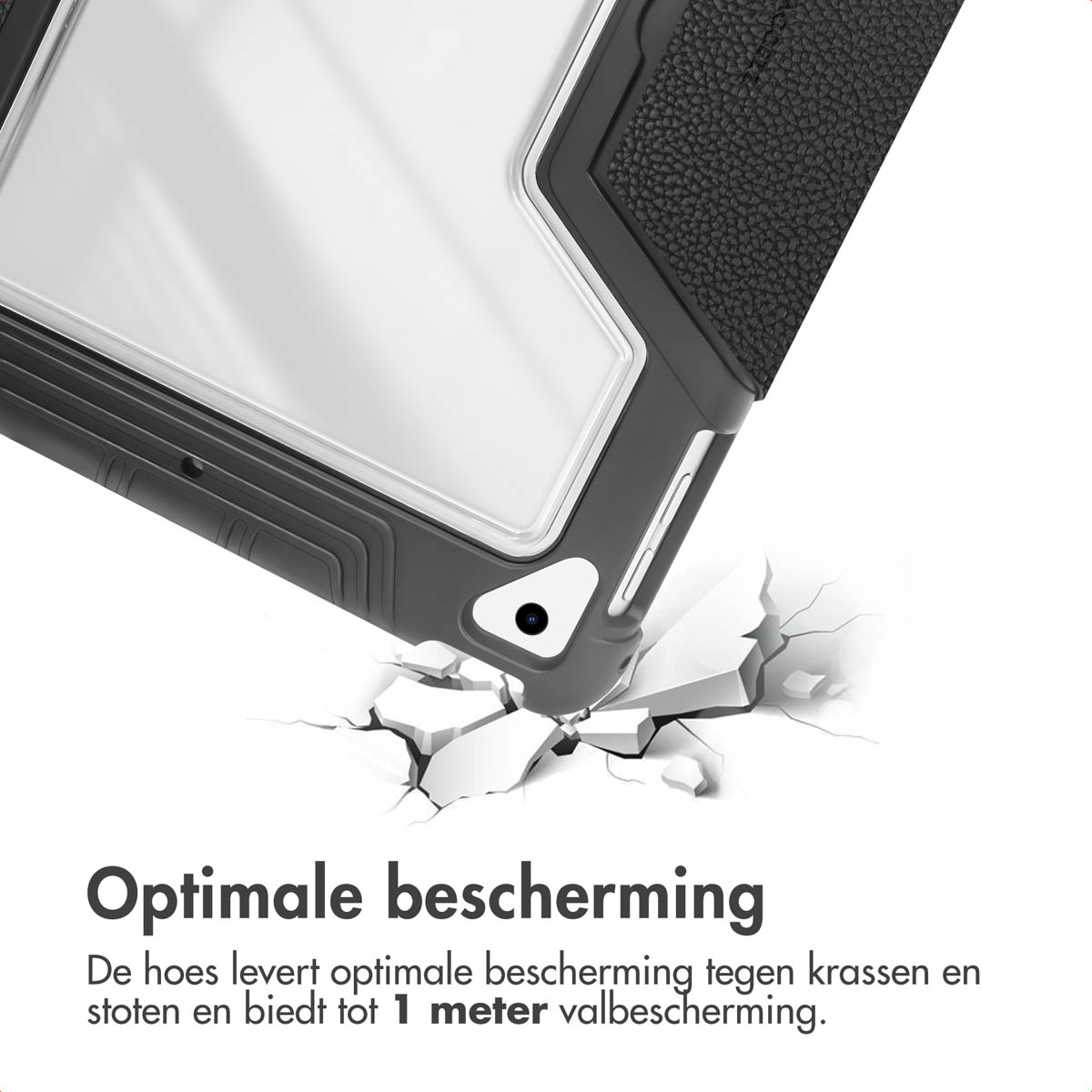Een tablet hoes, grijs en zwart, leunt tegen een wit oppervlak, gebarsten alsof het gevallen is. Tekst onderaan: optimale bescherming.