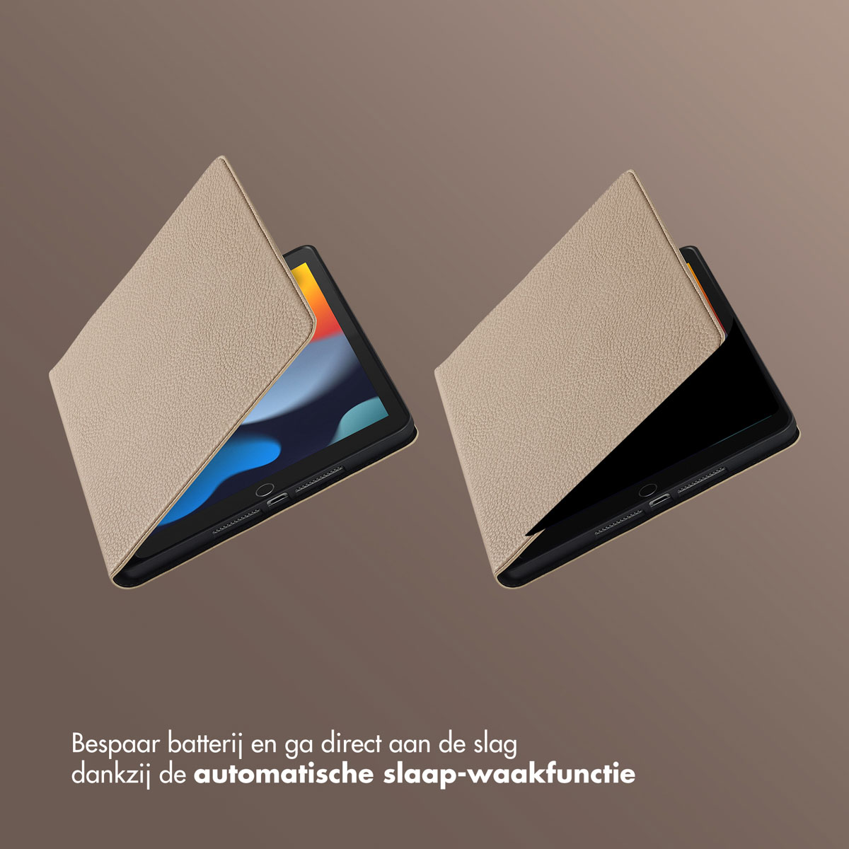 Two tablets with beige covers, each partially open. The screens show colorful displays. The background is a gradient brown.