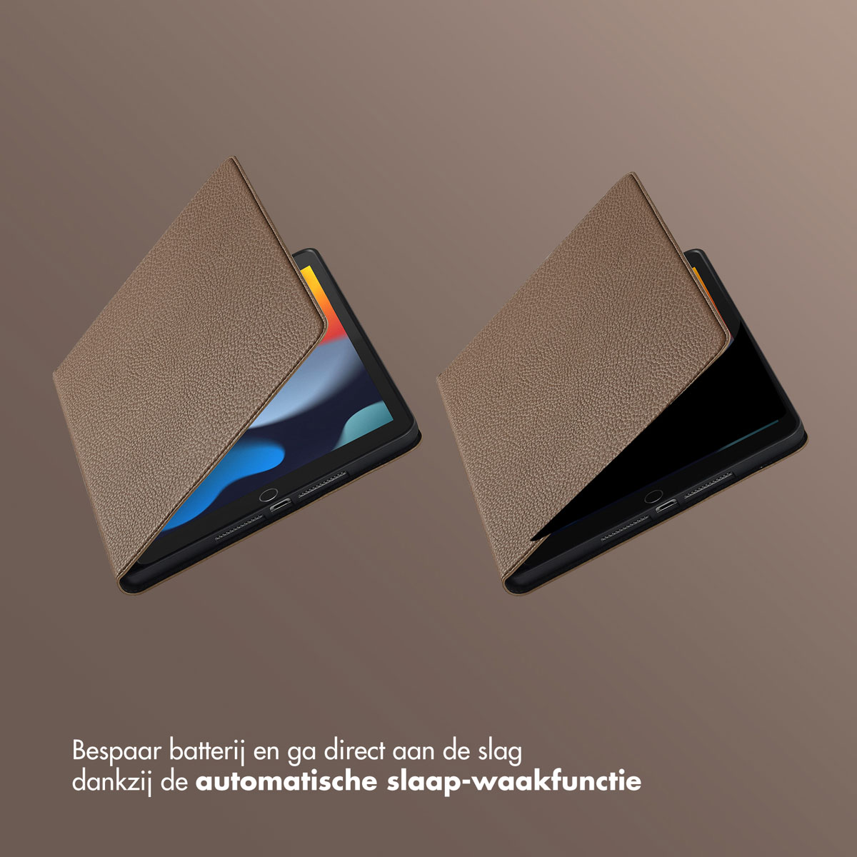 Two tablets with brown covers. One is open, displaying a screen with colors. The other is closed with a black screen.