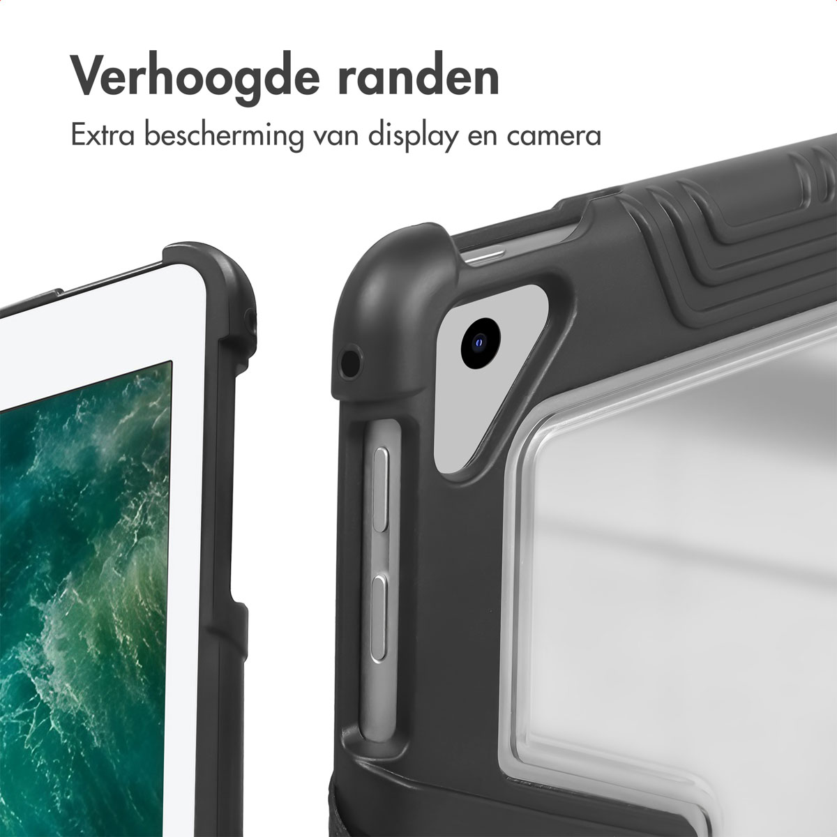 Close-up van een tablet in een zwarte beschermhoes. De hoes heeft verhoogde randen voor scherm- en camerabescherming.