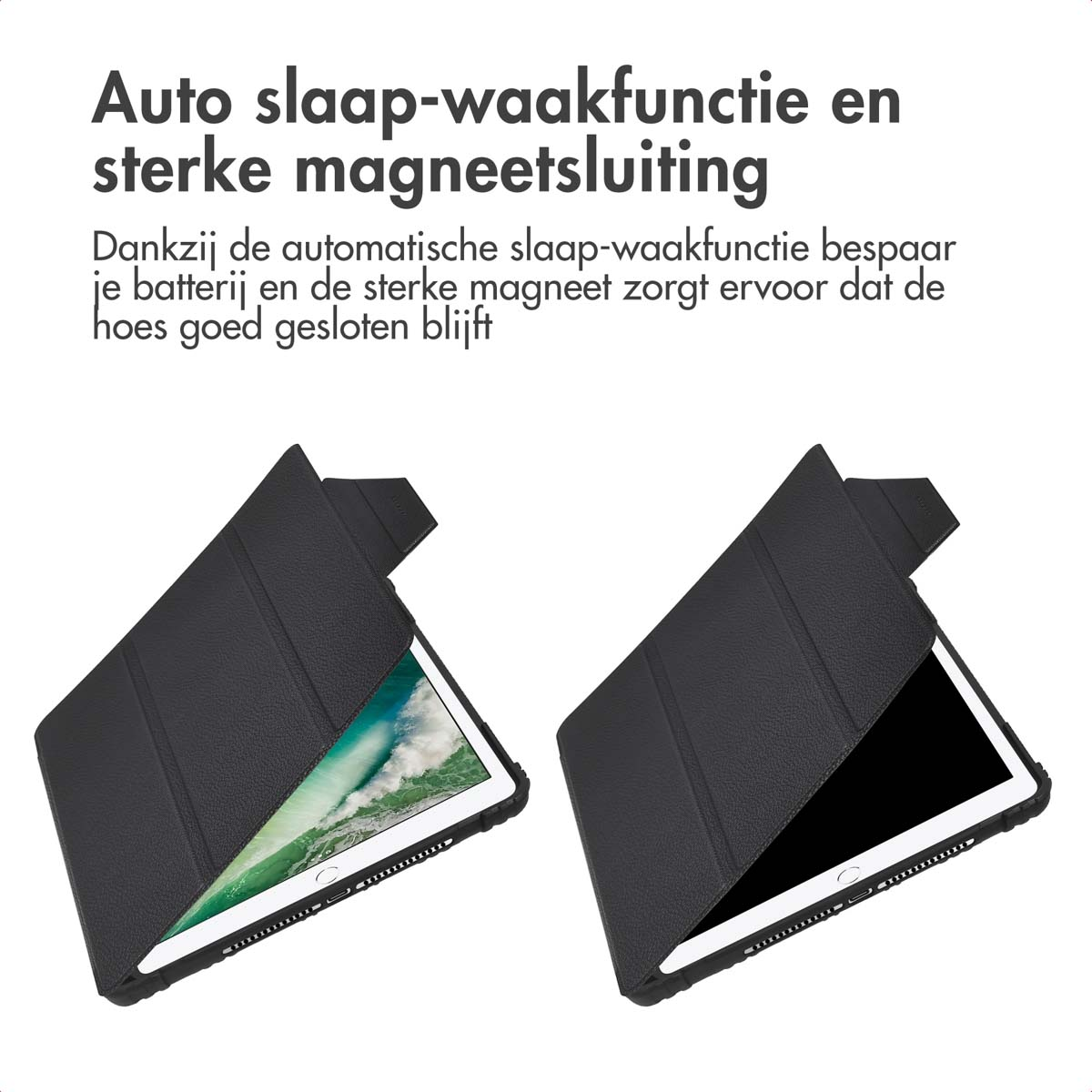 Twee zwarte tablethoezen, één open en één gesloten. Tekst bovenaan luidt 'Automatische slaap-waakfunctie en sterke magnetische sluiting'.