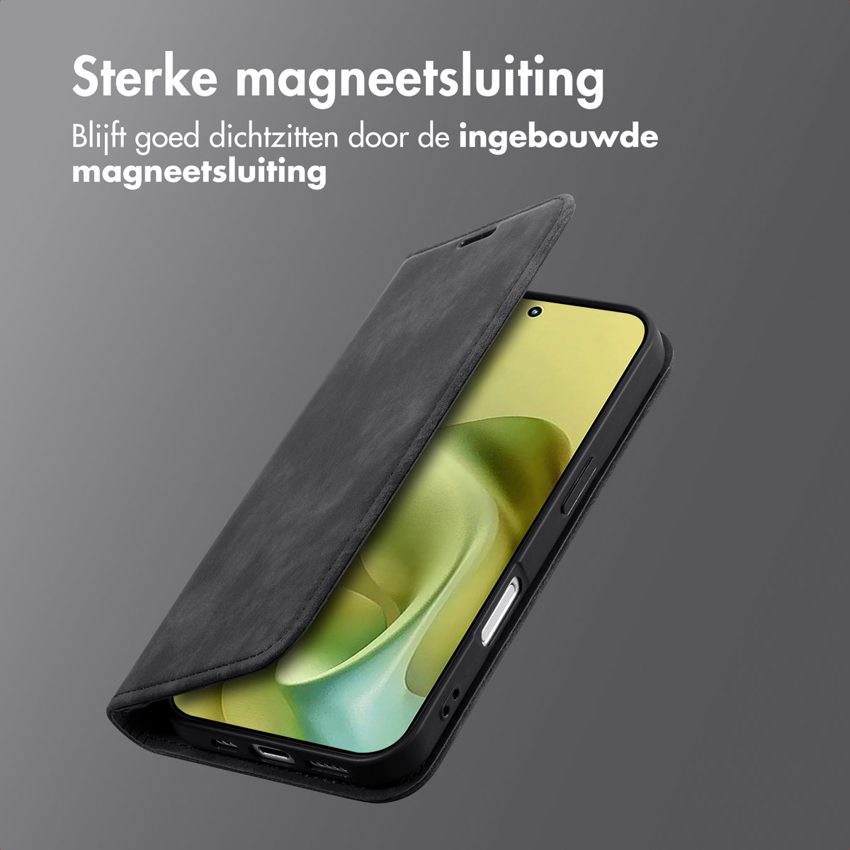 Un telefono in una custodia nera è parzialmente aperto. Il testo sopra dice: 'Forte chiusura magnetica'.