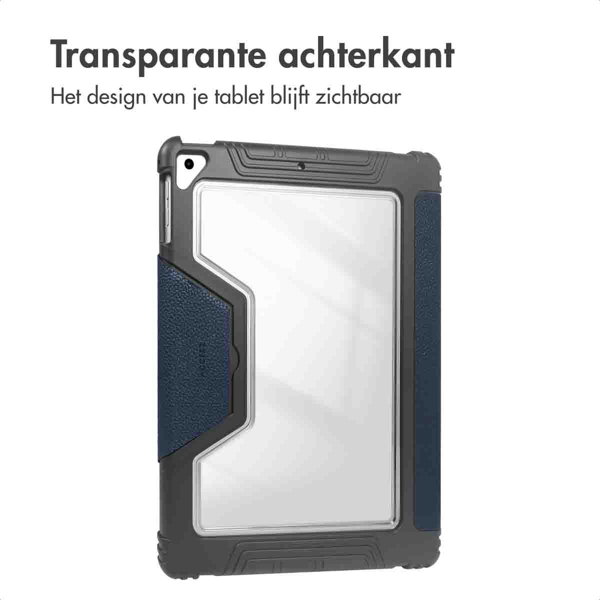 Tablethoes. Transparante achterkant, grijze frame en blauwe, getextureerde zijkant. Tekst: 'Transparante achterkant'. Design zichtbaar.
