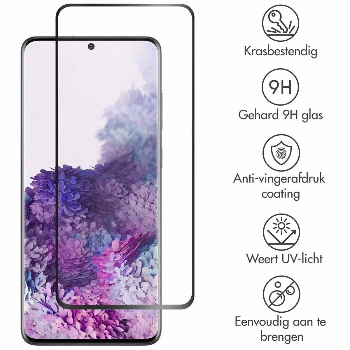 Un proteggi schermo sopra un telefono. Caratteristiche: resistenza ai graffi, vetro 9H, rivestimento anti-impronta, protezione UV.
