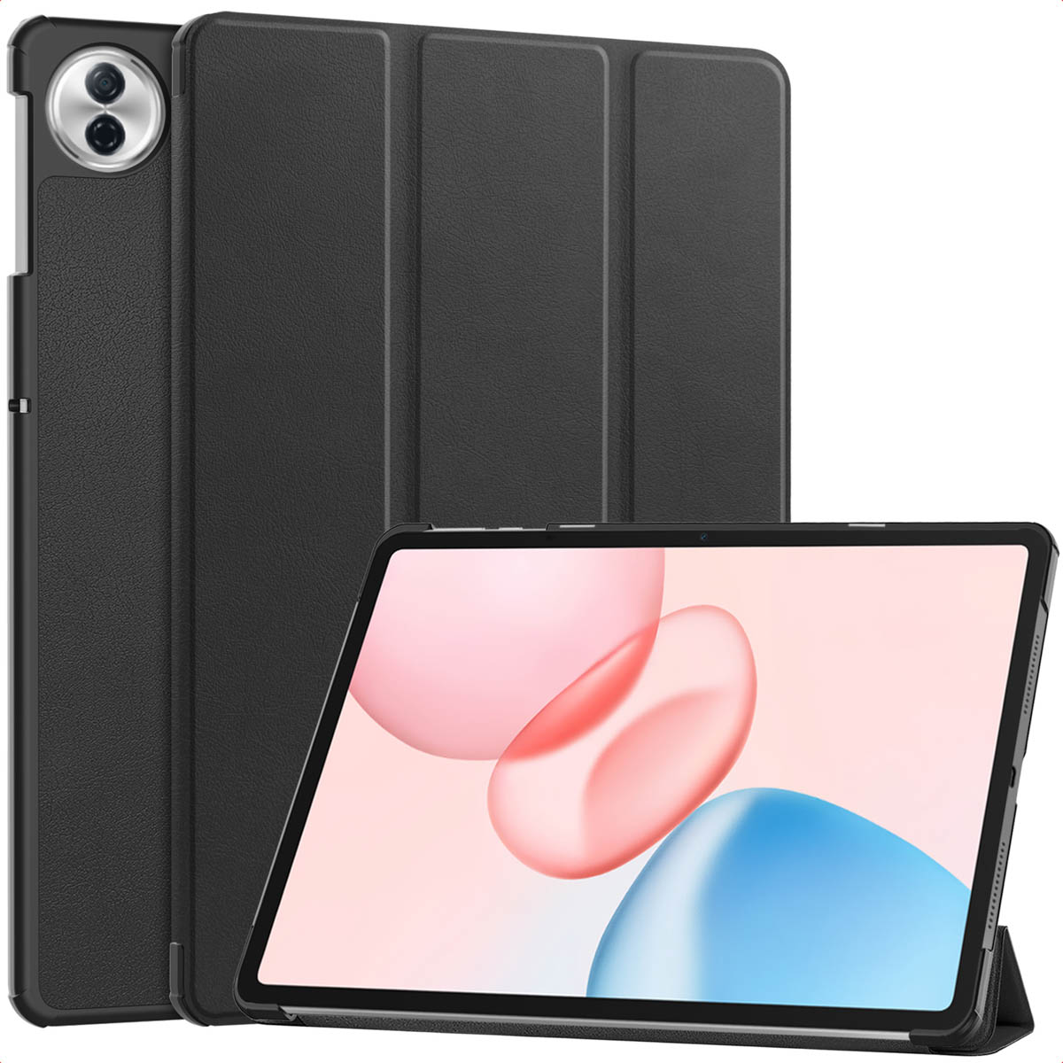 Tablette avec étui noir, ouverte pour révéler un écran avec un design abstrait rose et bleu. L'étui est ouvert.