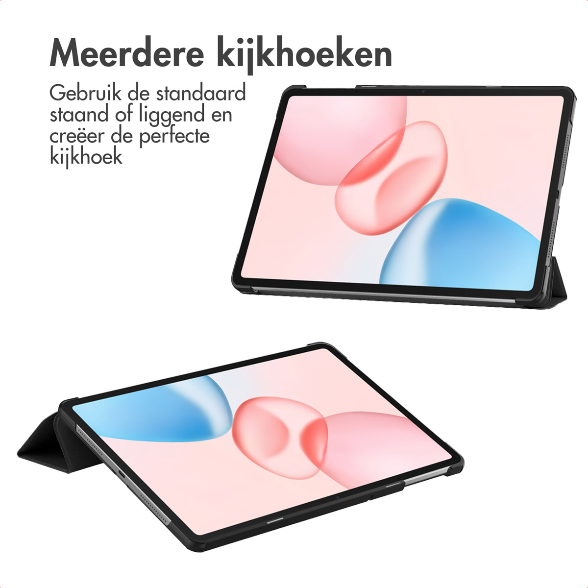 Deux tablettes dans des étuis noirs avec des arrière-plans abstraits roses et bleus, démontrant différents angles de vue, sur fond blanc.