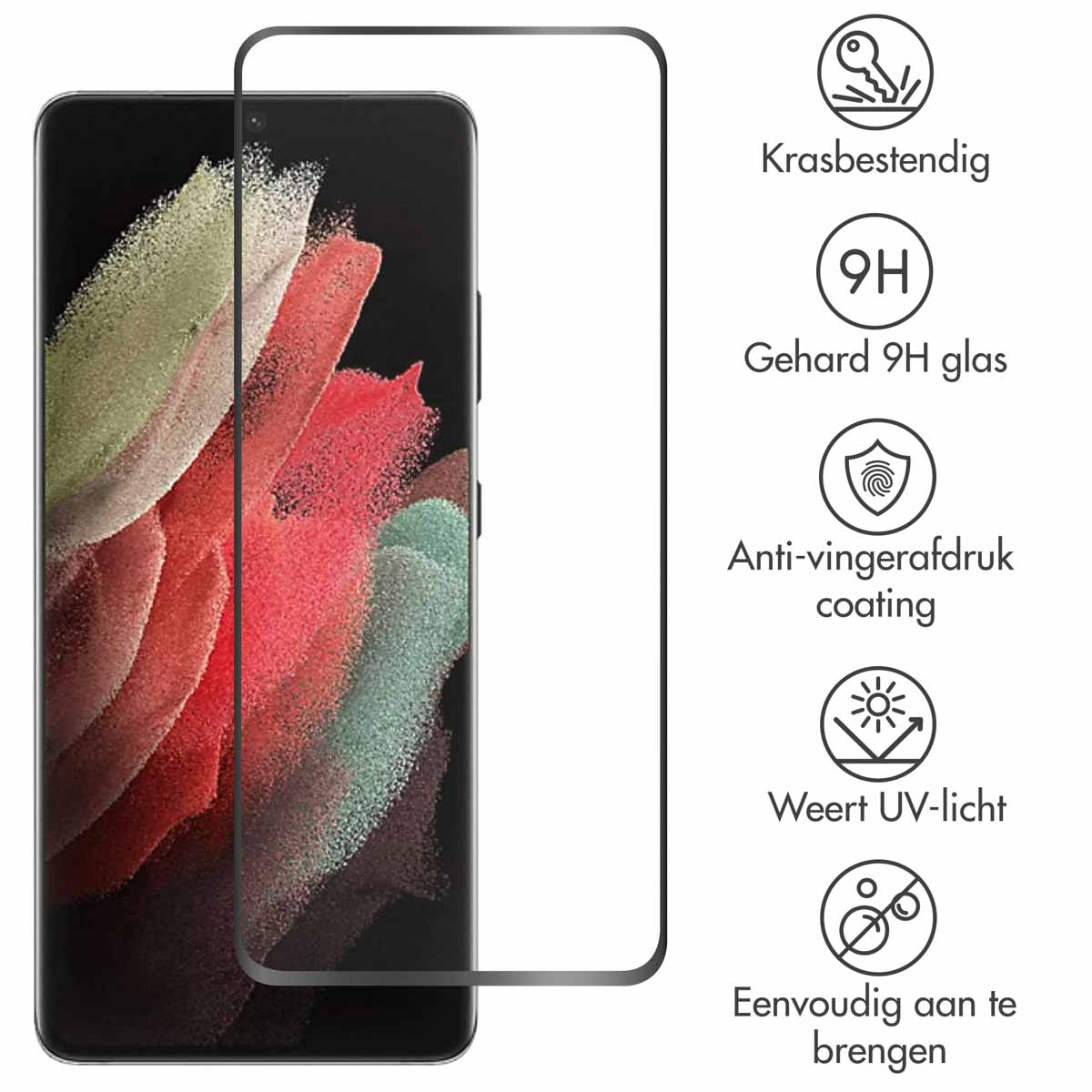 Un proteggi schermo e un telefono. Le icone indicano resistenza ai graffi, vetro 9H, rivestimento anti-impronta, protezione UV, facile applicazione.