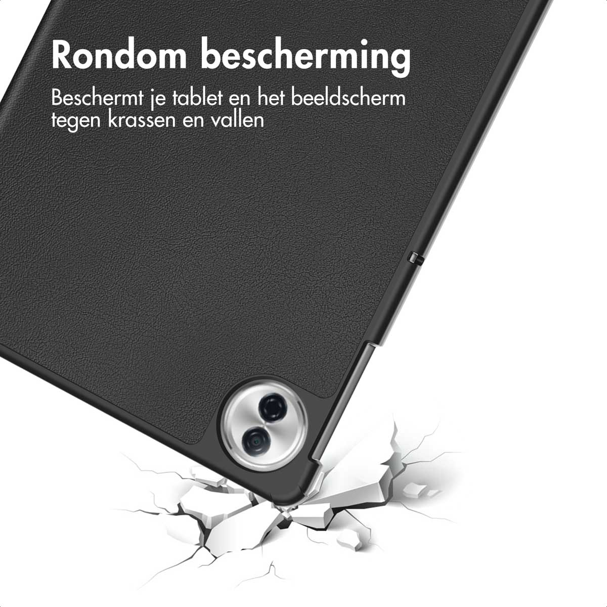 Un étui de tablette protège la tablette. L'étui est noir et repose sur une surface blanche avec des fissures, indiquant une protection contre les chocs.