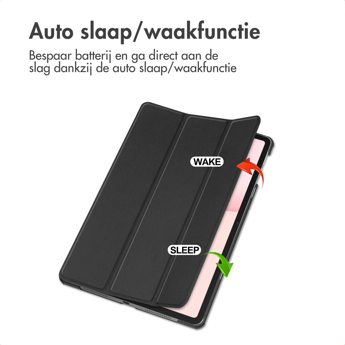 Étui de tablette noir avec étiquettes 'WAKE' et 'SLEEP'. Flèches rouges et vertes indiquent les actions ouvrir/fermer. Fond blanc avec texte néerlandais.