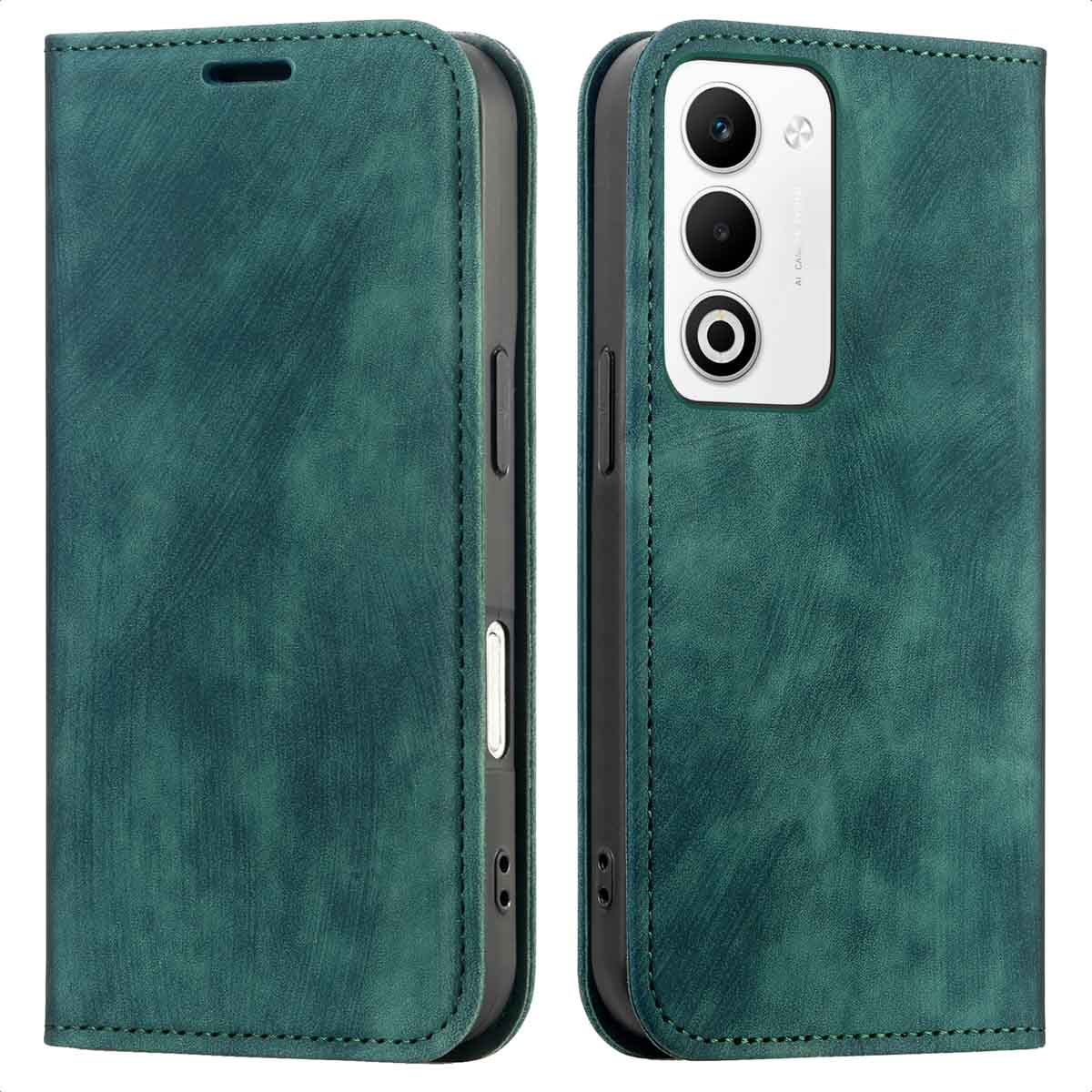 Een groene leren telefoonhoes, open, met de cameramodule van de telefoon. De hoes is gestikt en heeft een magnetische sluiting.